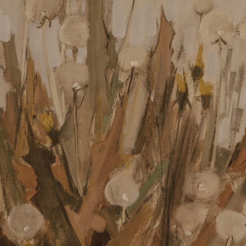 May include: Abstract painting depicting a field of white flowers with brown stems and leaves. The flowers are painted in a loose, impressionistic style, with soft edges and subtle variations in colour.