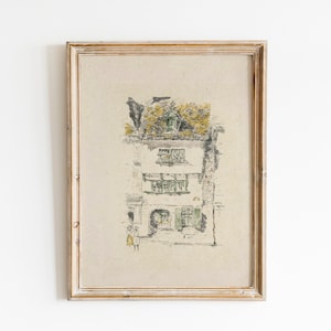 Vintage minimalistische architectuurschetskunst | Neutrale tinten stadsgezicht schets digitale afdrukbare download