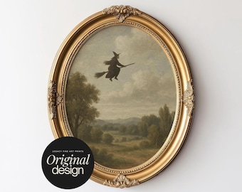 Puede incluir: Un marco ovalado dorado y ornamentado que contiene una impresión de paisaje con la silueta de una bruja volando en una escoba sobre un campo con árboles y colinas bajo un cielo nublado. Un logotipo negro con el texto Legacy Fine Art Prints Original design.