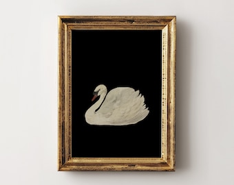 Vintage Schwanenmalerei auf schwarzem Hintergrund | DRUCKBARE Digitale Downloads | Antikes Schwan Ölgemälde | Gallery Wall Digital Art