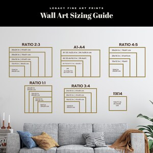 K&ouml;nnte beinhalten: Ein Wandkunst-Gr&ouml;&szlig;enleitfaden mit verschiedenen Verh&auml;ltnissen und Gr&ouml;&szlig;en in Zoll und Zentimetern. Der Leitfaden umfasst Verh&auml;ltnisse wie 2:3, 1:1, 3:4, 4:5 und 11x14. Der Leitfaden wird an einer wei&szlig;en Wand mit einem braunen Sofa im Vordergrund angezeigt.