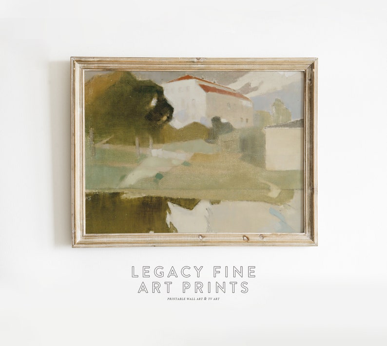 May include: A framed painting of a landscape with a house in the distance. The painting is done in a muted color palette of greens, browns, and blues. The house has a red roof and white walls. The painting is framed in a light wood frame.