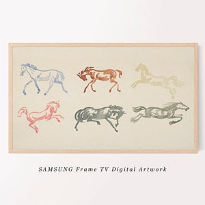 Puede incluir: Una obra de arte digital que presenta seis caballos estilizados en varios tonos de azul, rojo, naranja y verde. La obra está enmarcada en un marco de madera clara y tiene el texto "SAMSUNG Frame TV Digital Artwork" debajo de la imagen.