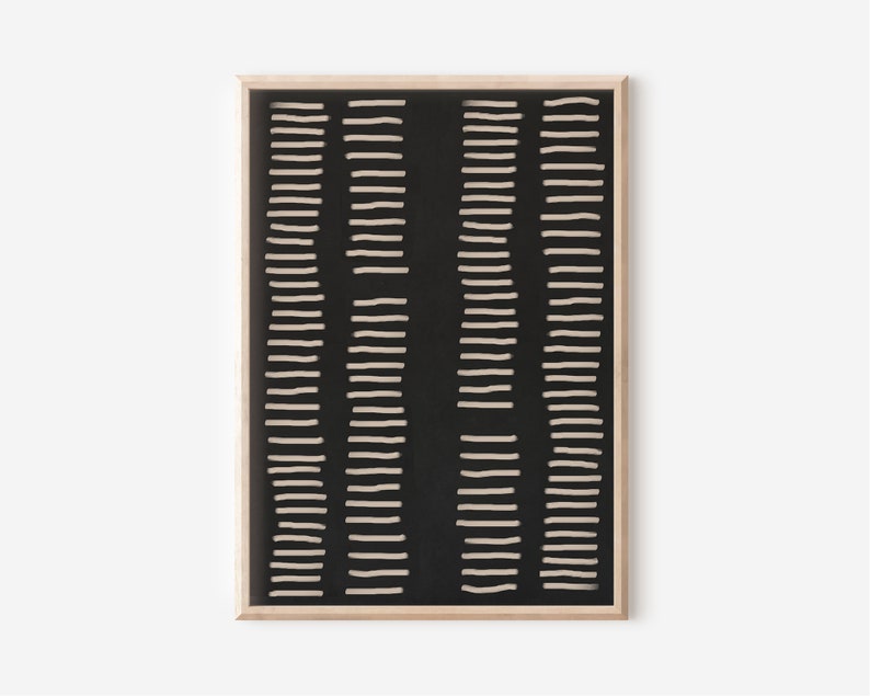 May include: A framed black and white abstract art print with a geometric pattern of thin white lines on a black background.
