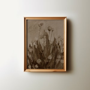 May include: A framed sepia-toned painting of a cluster of stylized flowers with white centres. The flowers are arranged in a vase-like shape and are set against a light grey background.