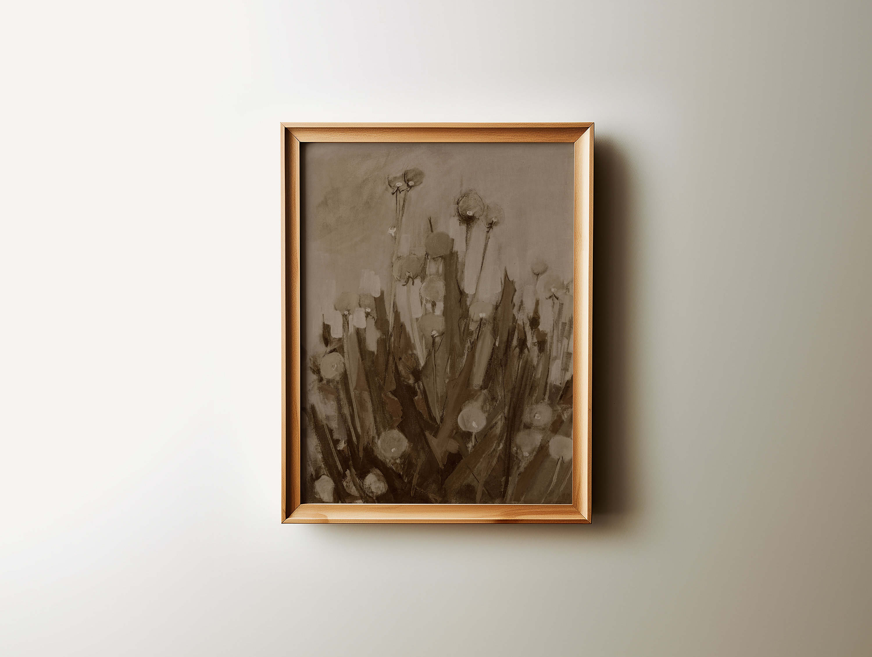 May include: A framed sepia-toned painting of a cluster of stylized flowers with white centres. The flowers are arranged in a vase-like shape and are set against a light grey background.