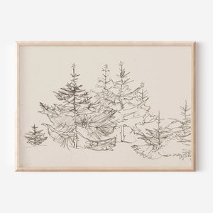 Pine Trees Sketch Drawing | Minimalist Print Vintage Winter Wall Decor | Farmhouse Decor Printable Wall Art