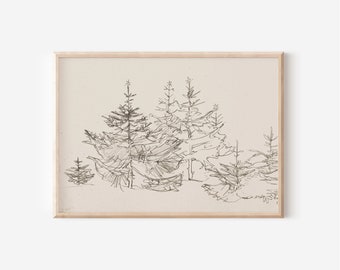 Vintage Landscape Printable Wall Art | Print Yourself Artwork | Antique Neutral Winter Tree Sketch | Fall Wall Decor | 19th Century Art