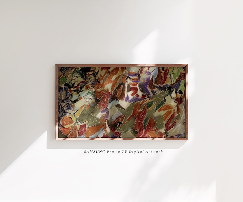 May include: Abstract digital artwork in a wooden frame. The artwork features a colourful composition of red, orange, green, and purple brushstrokes. The text "SAMSUNG Frame TV Digital Artwork" is at the bottom.