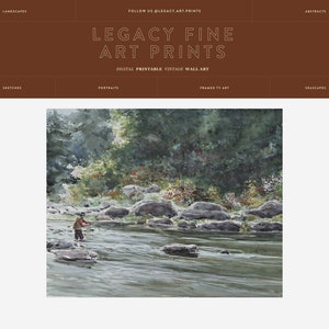 May include: A watercolor painting of a man fishing in a river. The river is surrounded by trees and rocks. The water is a light blue color and the sky is a light gray color.