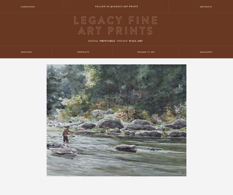 May include: A watercolor painting of a man fishing in a river. The river is surrounded by trees and rocks. The water is a light blue color and the sky is a light gray color.