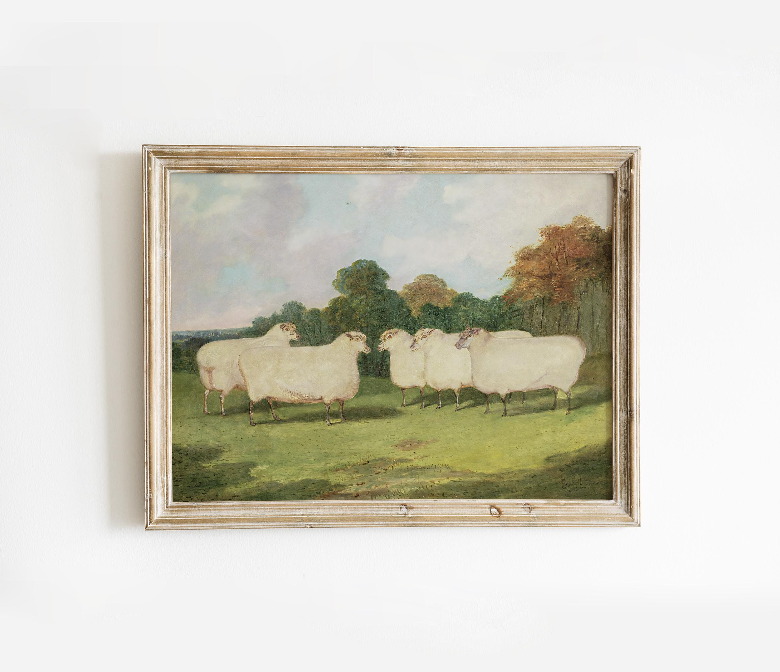 Vintage Folk Art Sheep Landscape Oil Painting Downloadable Print ...