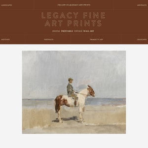 May include: A painting of a man riding a horse on a beach. The man is wearing a brown jacket and a cap. The horse is white with brown markings. The background is a hazy blue sky and a sandy beach.