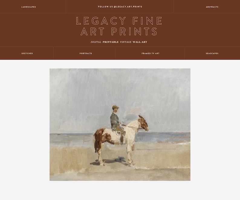 May include: A painting of a man riding a horse on a beach. The man is wearing a brown jacket and a cap. The horse is white with brown markings. The background is a hazy blue sky and a sandy beach.
