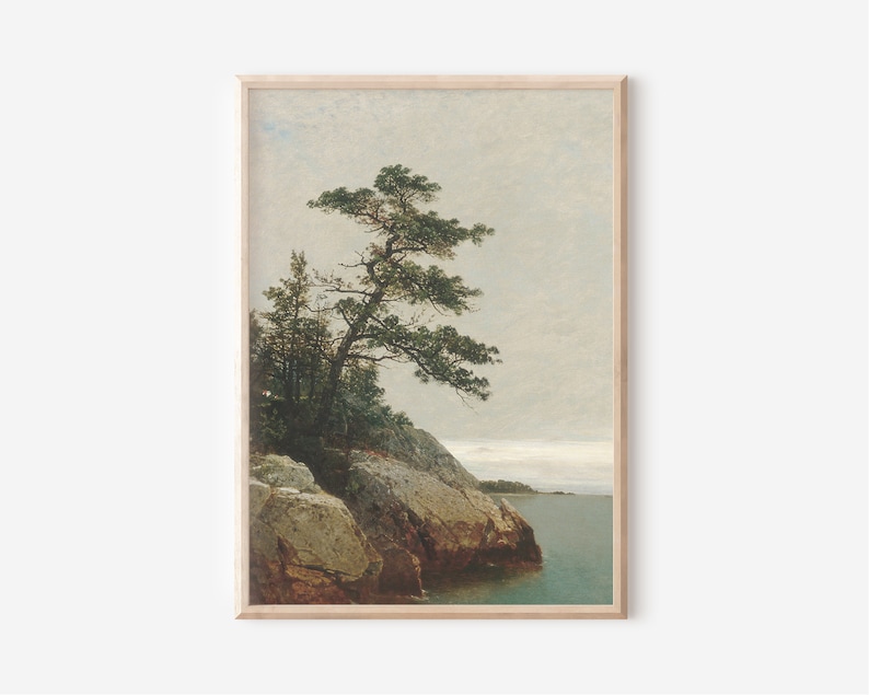 May include: A painting of a rocky shoreline with a lone pine tree growing on the edge of the cliff. The water is calm and blue, and the sky is a soft gray.