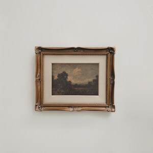 May include: A framed landscape painting with a dark brown wooden frame. The painting depicts a cloudy sky over a field of trees.