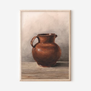 May include: A watercolor painting of a brown earthenware pitcher with a rounded body and a wide mouth. The pitcher is sitting on a wooden surface.