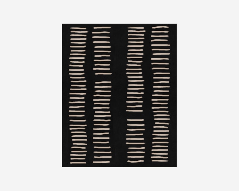 May include: Abstract art print with a black background and white lines arranged in a vertical pattern.