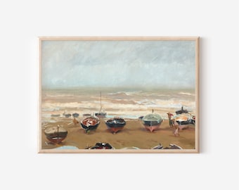 Vintage Seascape Oil Painting Print | Coastal Farmhouse Decor (Digital Download)