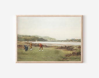 May include: A watercolour painting depicting four golfers on a verdant golf course. The golfers are clad in traditional golfing attire and engaged in a game. The background showcases a body of water and a distant shoreline.