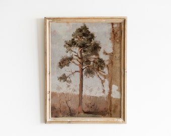 Pittura a olio paesaggio foresta di pini / stampa scaricabile albero di pino vintage / decorazione da parete autunnale antica arte da parete della fattoria