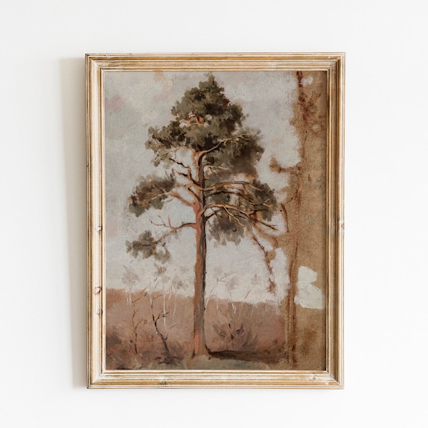 Pine Forest Landscape Oil Painting | Vintage Pine Tree Downloadable Print | Antique Fall Wall Decor Farmhouse Wall Art