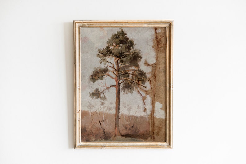 Pine Forest Landscape Oil Painting Vintage Pine Tree Downloadable Print Antique Fall Wall Decor Farmhouse Wall Art image 1