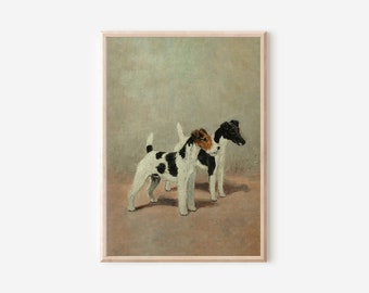 May include: A painting of two black and white wirehaired fox terriers standing side by side. The dogs are facing forward, with the dog on the left looking to the right and the dog on the right looking straight ahead. The dogs are standing on a light brown background.