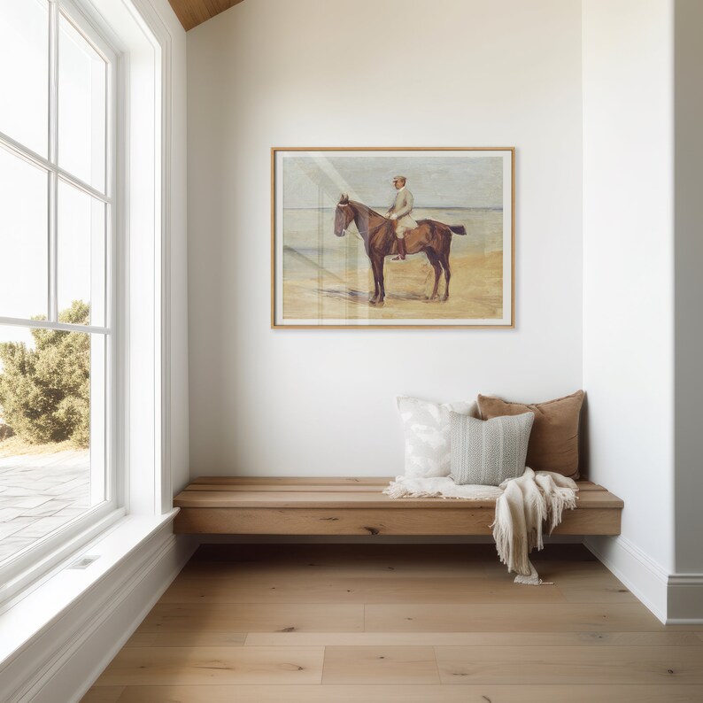 Vintage Chestnut Horse Oil Painting Antique Equestrian Downloadable Print Coastal Landscape Farmhouse Decor image 2