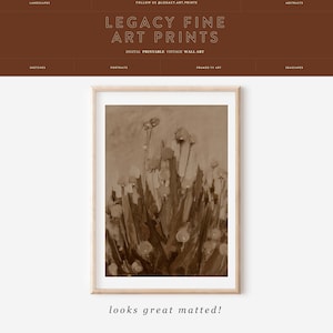 May include: A sepia-toned digital art print of a field of flowers. The print is framed in a light wood frame and has the text "looks great matted!" below it.