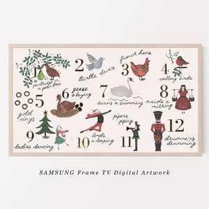 Op de afbeelding: Digitale kunst voor een Samsung Frame TV met illustraties van de Twaalf Dagen van Kerstmis. Het kunstwerk bevat afbeeldingen van een patrijs, tortelduiven, Franse kippen, zingende vogels, gouden ringen, ganzen, zwanen, dienstmeisjes, heren, pijpers, drummers en dames.