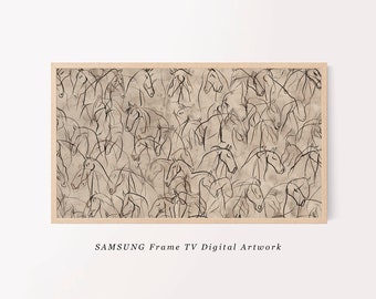 Samsung Frame TV Art | Abstract Horses Sketch TV Art | Minimalist Equestrian Line Art Wall Art | Neutral Wall Art Frame TV Art