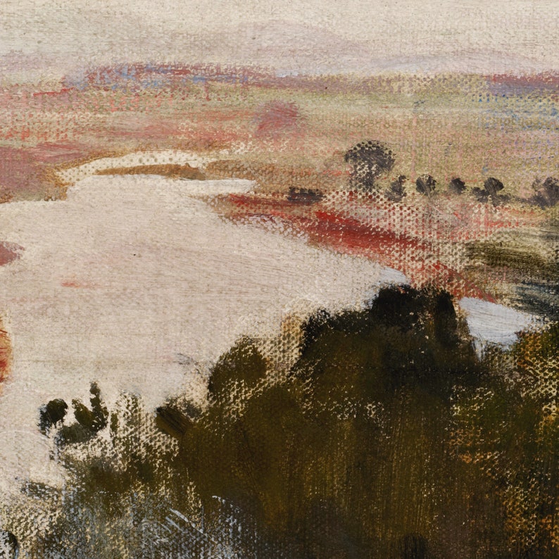 Puede incluir: Una pintura de un paisaje con un r&iacute;o en primer plano. El r&iacute;o est&aacute; pintado en tonos de blanco y gris, y la tierra circundante est&aacute; pintada en tonos de marr&oacute;n, rojo y verde. El cielo est&aacute; pintado en tonos de azul y gris.