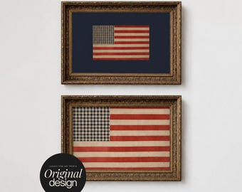 Conjunto de 2 láminas decorativas vintage con la bandera estadounidense para imprimir, decoración patriótica de EE. UU., arte descargable estilo cottagecore, 4 de julio.