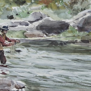 May include: A watercolor painting of a person fly fishing in a river. The person is wearing a hat and a red jacket. The river is flowing quickly and there are rocks on the banks.