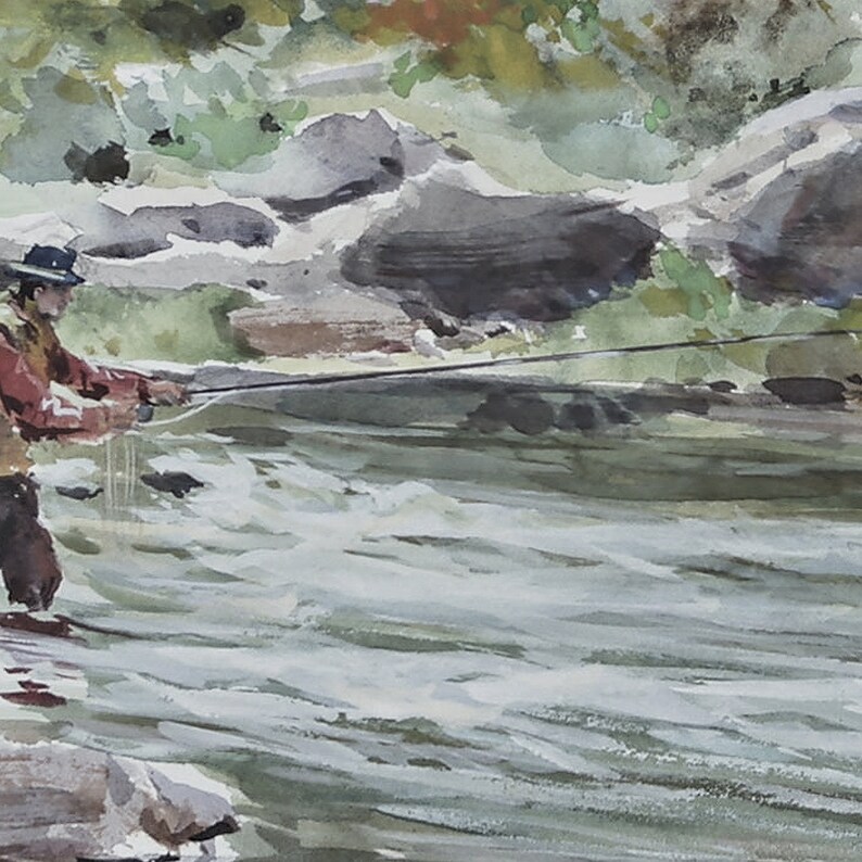 May include: A watercolor painting of a person fly fishing in a river. The person is wearing a hat and a red jacket. The river is flowing quickly and there are rocks on the banks.