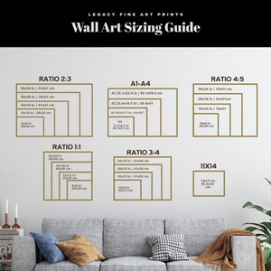 May include: A wall art sizing guide with different ratios and sizes in inches and centimeters. The guide includes ratios like 2:3, 1:1, 3:4, 4:5, and 11x14. The guide is displayed on a white wall with a brown couch in the foreground.