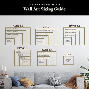Op de afbeelding: Een wandkunstmatengids met rechthoekige frames in verschillende verhoudingen, waaronder 2:3, 4:5, 1:1, 3:4 en 11x14. Elk frame toont afmetingen in inches en cm, zoals 36x24 in | 91x61 cm. De gids bevat ook A1-A4 formaten.
