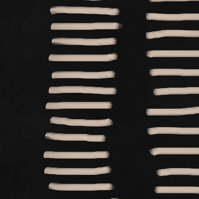 May include: Abstract art print with a black background and white lines. The lines are arranged in two vertical columns, with a gap between them.