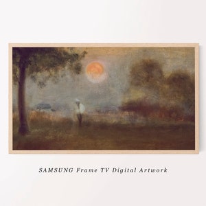 May include: A framed digital artwork for a Samsung Frame TV. The artwork depicts a hazy landscape with a large, orange sun setting over a field. A figure stands in the field near a tree. The text "SAMSUNG Frame TV Digital Artwork" is at the bottom.