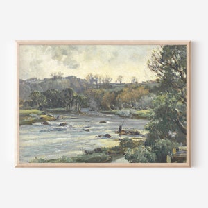 Fly Fishing Vintage Painting | Landscape Painting Fishing Decor | Office Wall Art Fishing Gifts Boys Bedroom Print | Digital Downloads