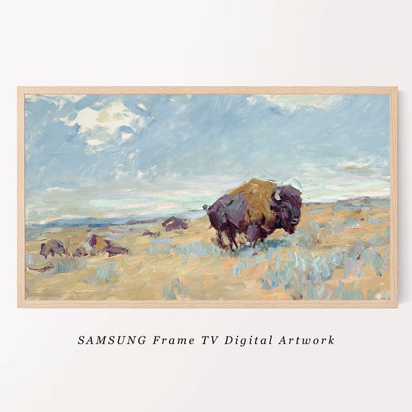 Vintage Landscape Painting of Bison for Samsung Frame TV | Downloadable Digital Art | Downloadable Artwork for TV | Hunting Wall Art