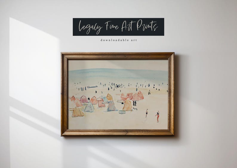 May include: A framed watercolor painting of a beach scene with colorful beach umbrellas and people walking on the sand. The painting is titled "Legally Fine Art Prints" with the text "downloadable art" below the title.
