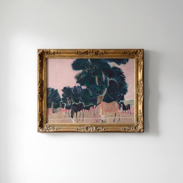Quadro astratto equestre / Dipinto ad olio di paesaggio vintage / Stampa scaricabile in stile cottagecore / Regalo per amanti dei cavalli