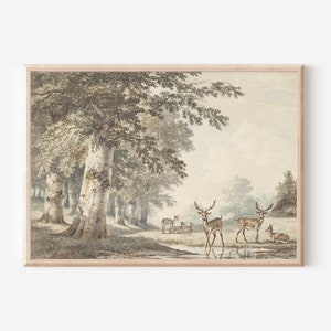 Neutral Vintage Deer Watercolor Print | Cottagecore Wall Art, Rustic Above Bed Decor | Downloadable Fine Art