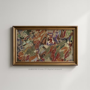 May include: An abstract painting in a gold frame. The artwork features a mix of colours, including red, orange, green, and purple, creating a textured, layered effect. The frame is a warm gold tone, adding a classic touch. The text "SAMSUNG Frame TV Digital Artwork" is at the bottom.