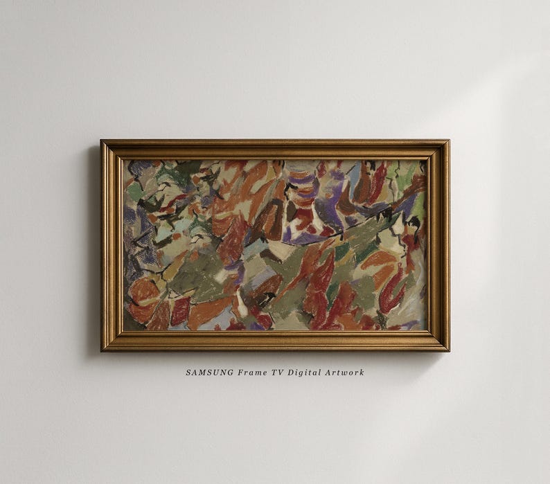 May include: An abstract painting in a gold frame. The artwork features a mix of colours, including red, orange, green, and purple, creating a textured, layered effect. The frame is a warm gold tone, adding a classic touch. The text "SAMSUNG Frame TV Digital Artwork" is at the bottom.