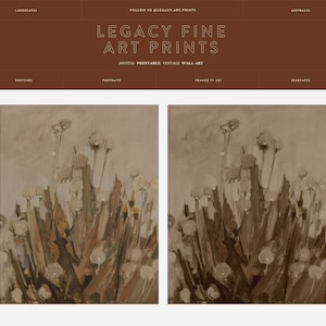 May include: A digital art print of a painting depicting a field of tall, white flowers with brown stems. The flowers are arranged in a cluster, with some of the stems overlapping. The background is a light brown colour.