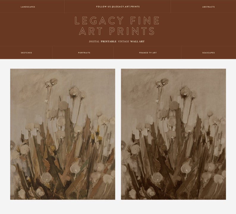 May include: A digital art print of a painting depicting a field of tall, white flowers with brown stems. The flowers are arranged in a cluster, with some of the stems overlapping. The background is a light brown colour.