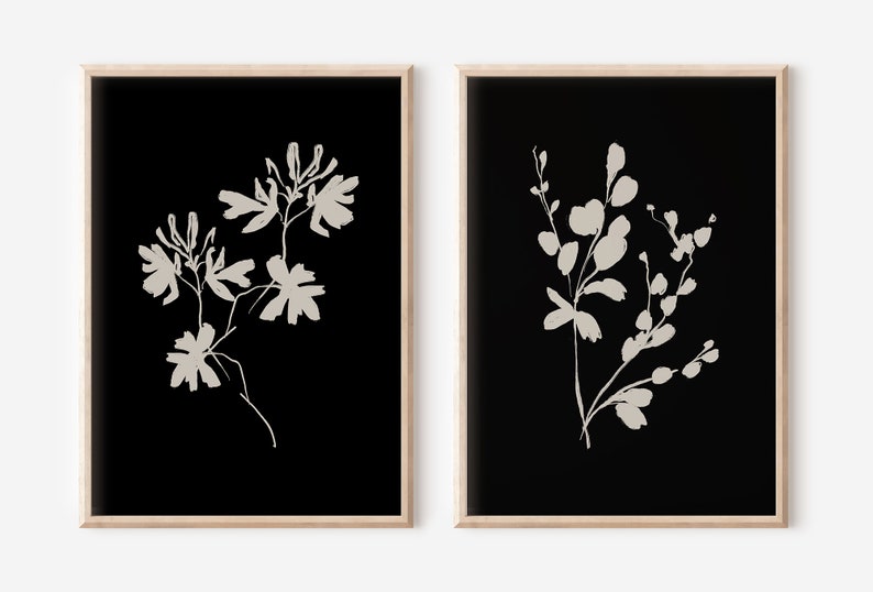 May include: Two framed prints with black backgrounds and white floral silhouettes. The print on the left features a single stem with multiple flowers and leaves. The print on the right features a single stem with multiple leaves and buds.
